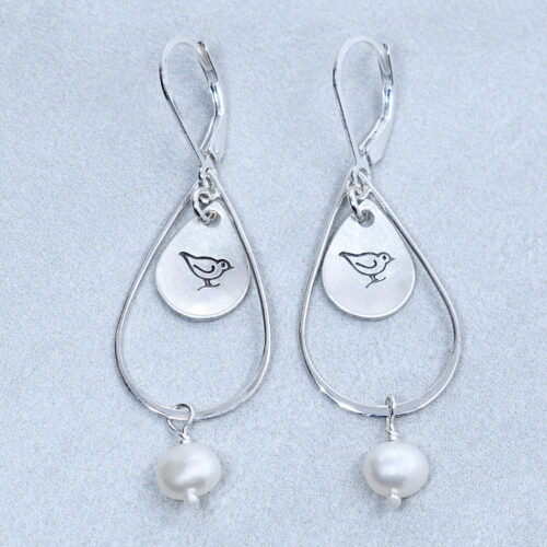 stamp silver bird pearl earrings