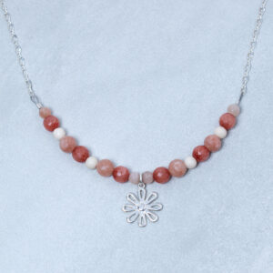 red jade silver daisy flower necklace