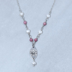 rhodonite and pearl silver daisy necklace