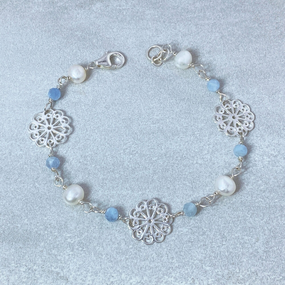 sterling silver aquamarine and pearl wire wrap flower bracelet