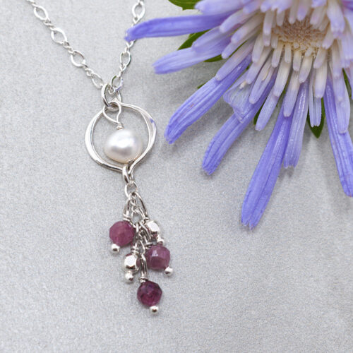 Ruby and freshwater pearl sterling silver necklace