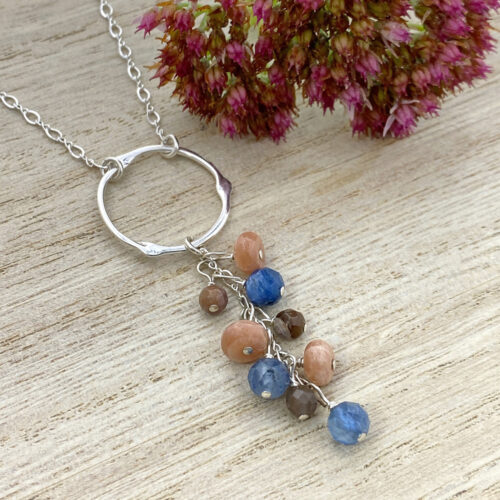 sterling silver kyanite and sunstone drop necklace