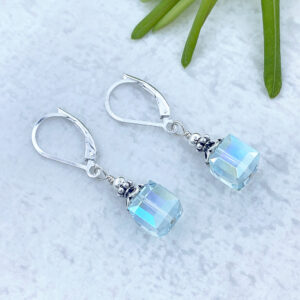 Sterling silver Austrian Crystal Cube Earrings in Light Azore