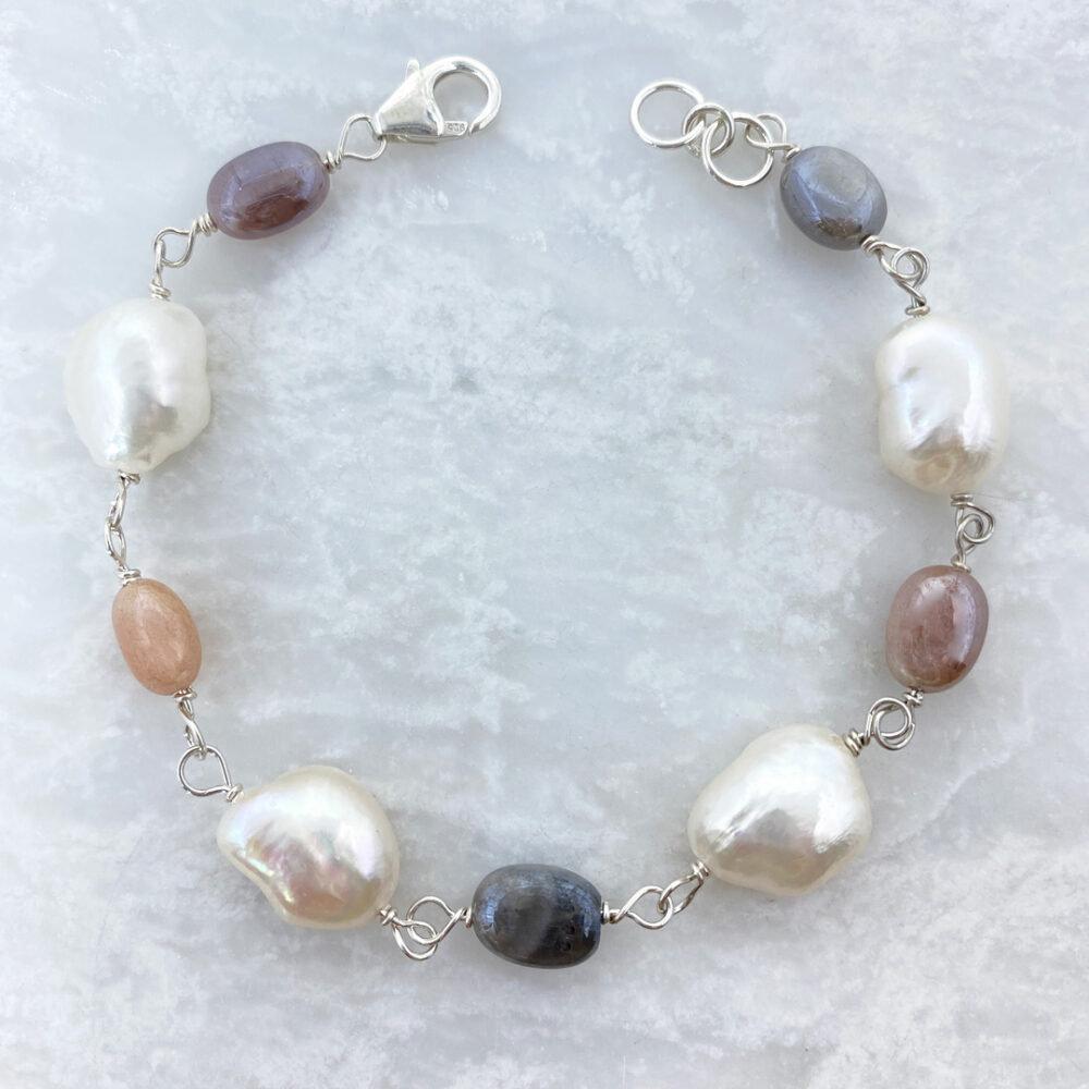 handmade sterling silver freshwater pearl and moonstone bracelet