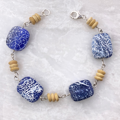 Sterling silver blue agate and white turquoise wire wrap bracelet