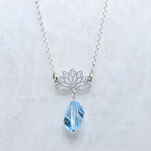 sterling silver lotus necklace with aquamarine crystal