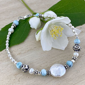 Sterling silver freshwater pearl and larimar bracelet