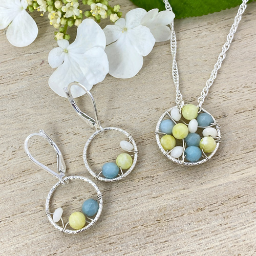 Sterling silver and gemstone wire wrapped circle necklace